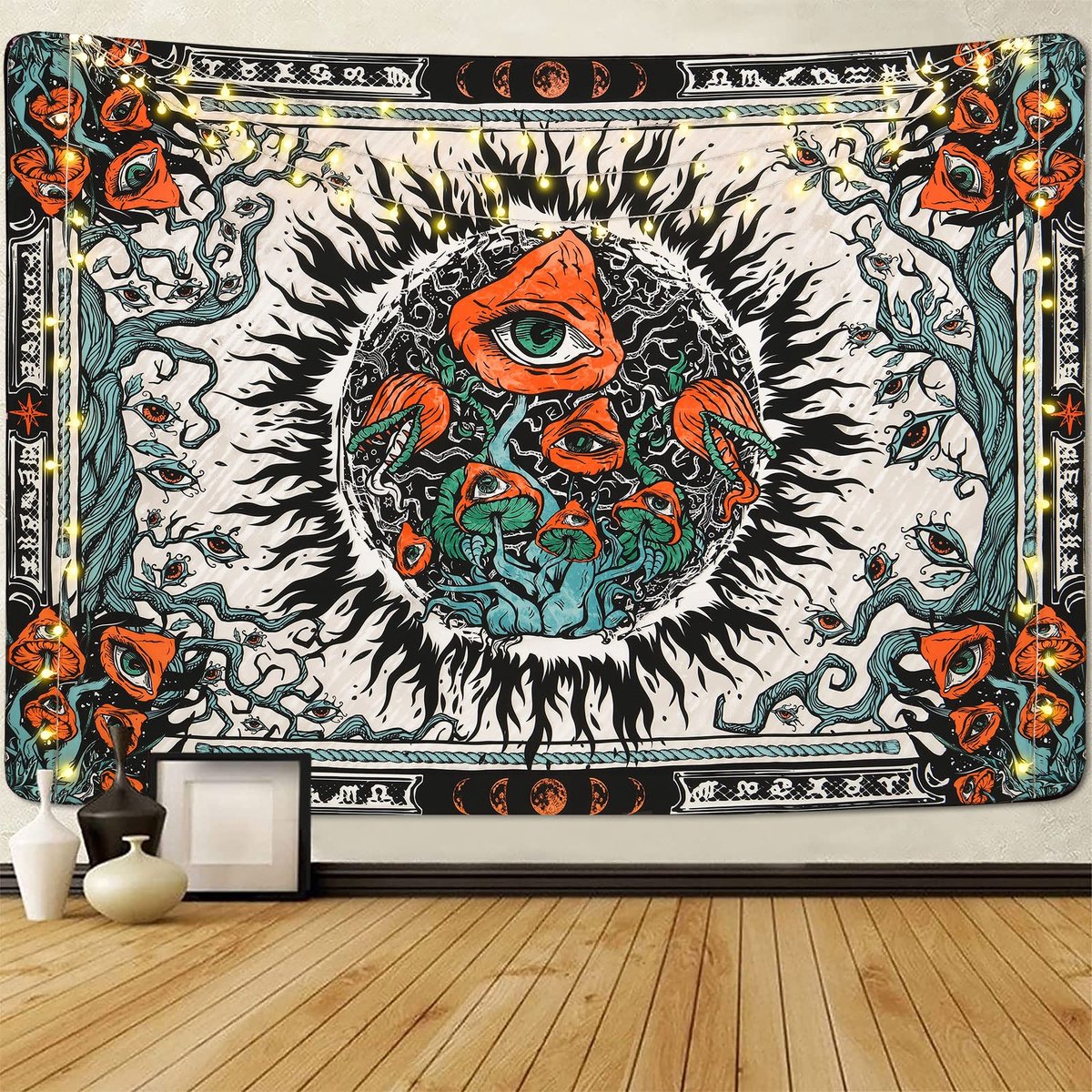 Ibenzoa Betoverend Wandtapijt met Paddenstoelen, Zon en Maan voor Slaapkamer Decoratie 150 x 130 cm zwart