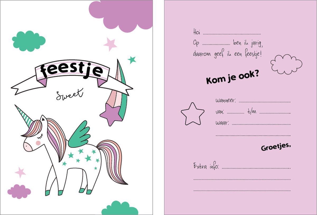 Uitnodiging kinderfeestje Unicorn - eenhoorn - 10 stuks - meisje - lila