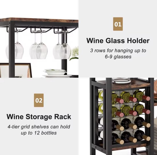 Armoire à vin - Casier à vin - Armoire à boissons - Placard - Porte-verres à vin - Porte-bouteilles - Industriel - Bois et métal - Marron/ Zwart - 175x80x30cm