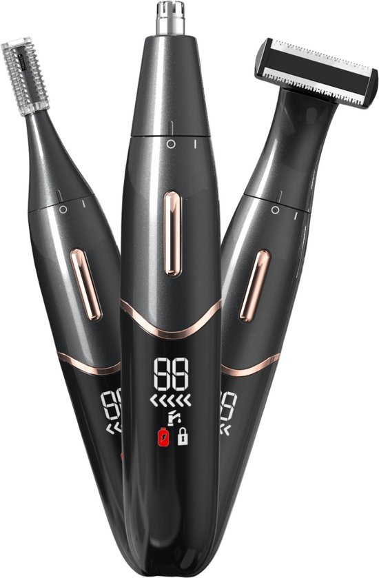 Set van drie Mellian 3-in-1 trimmers in zwart met rosé gouden accenten, waaronder een neustrimmer, wenkbrauwtrimmer en shaver.