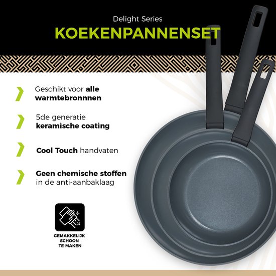 Grijze koekenpannen met zwarte handvatten, met tekst over keramische coating.