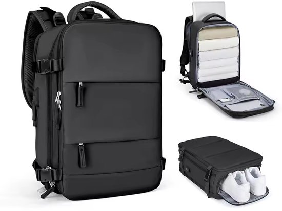 Zwarte rugzak met opbergruimte voor kleding, schoenen en laptop.