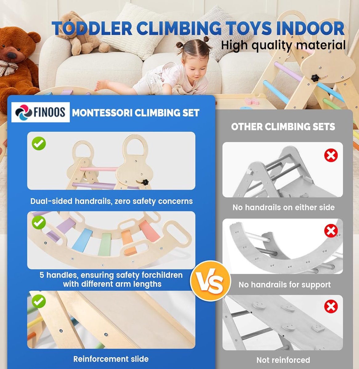 FINOOS Klimrek - Klimdriehoek - Klimboog - Glijbaan - Montessori - Houten Speelgoed - Regenboog — afbeelding 6
