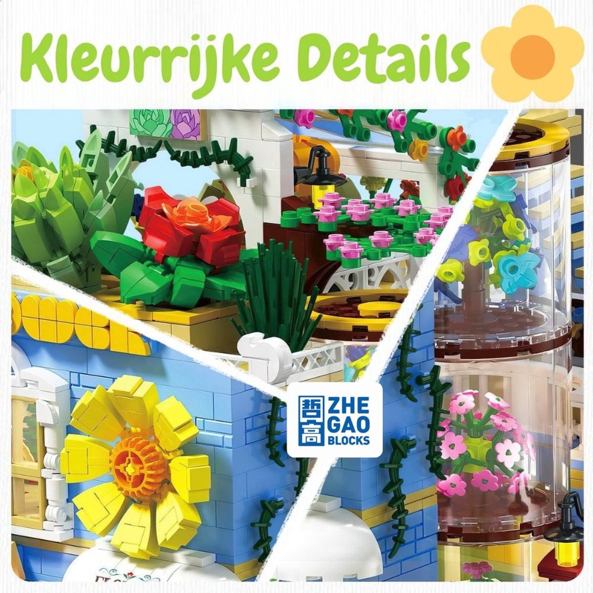Zhe Gao DZ6120 Classic Bloemen winkel bouwset incl. 4 minifigures | City Achitecture Adventure Modelbouw | Educatief Creator speelgoed bouwpakketten voor kinderen & volwassenen | Niet compatibel met lego friends | Bouwdoos met 2091 bouwstenen — afbeelding 12