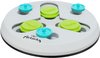 Rond, wit activiteitenspel met groene schuifjes met wortelopdruk en blauwe dopjes. Het woord 'Activity' staat erop.