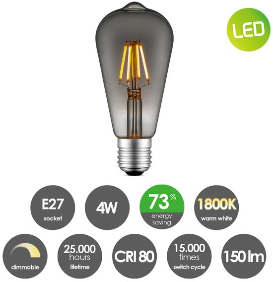 Ampoule LED E27 en verre fumé gris avec les étiquettes "LED" et "dimmable".