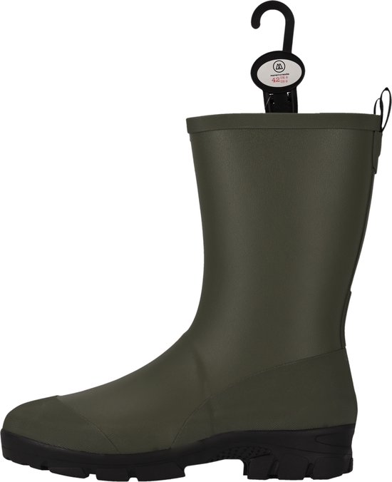 Olijfgroene regenlaars voor heren, met zwarte zool en logo. Maat 42.