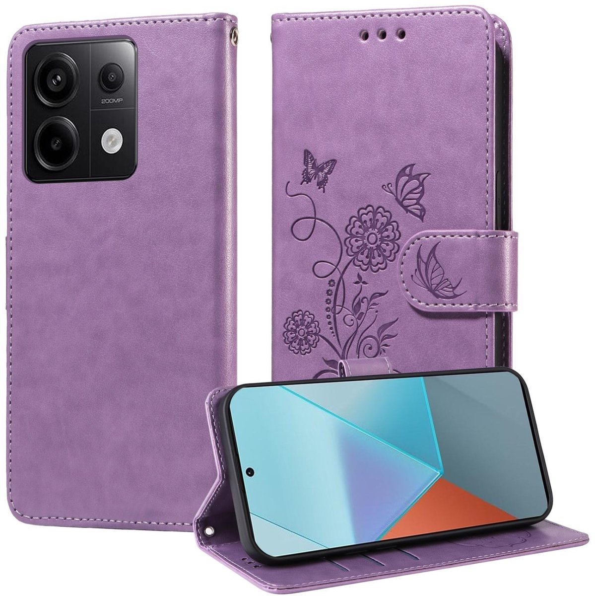 Mobigear Telefoonhoesje geschikt voor POCO X6 Hoesje | Mobigear Flowers Bookcase Portemonnee | Pasjeshouder voor 3 Pasjes | Telefoonhoesje voor Pinpas / OV Kaart / Rijbewijs - Paars