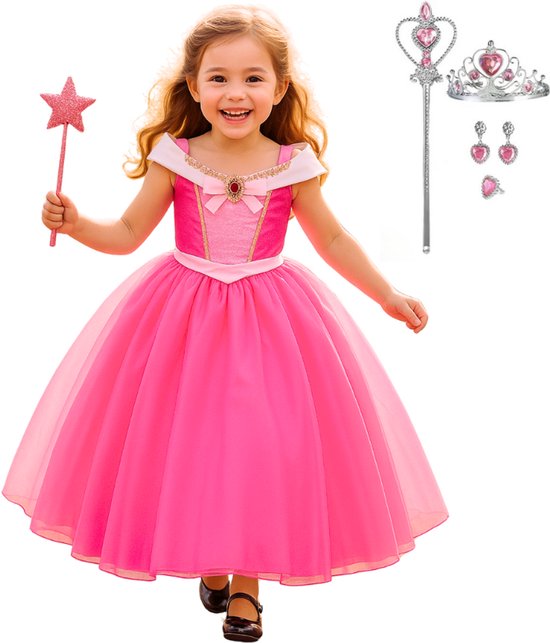 Joya Kids® Robe La Belle au bois dormant à manches courtes | Robe de princesse rose d'été | habiller fille | Robe rose vif + couronne, bâton et Bijoux | Cadeau fille Taille 150