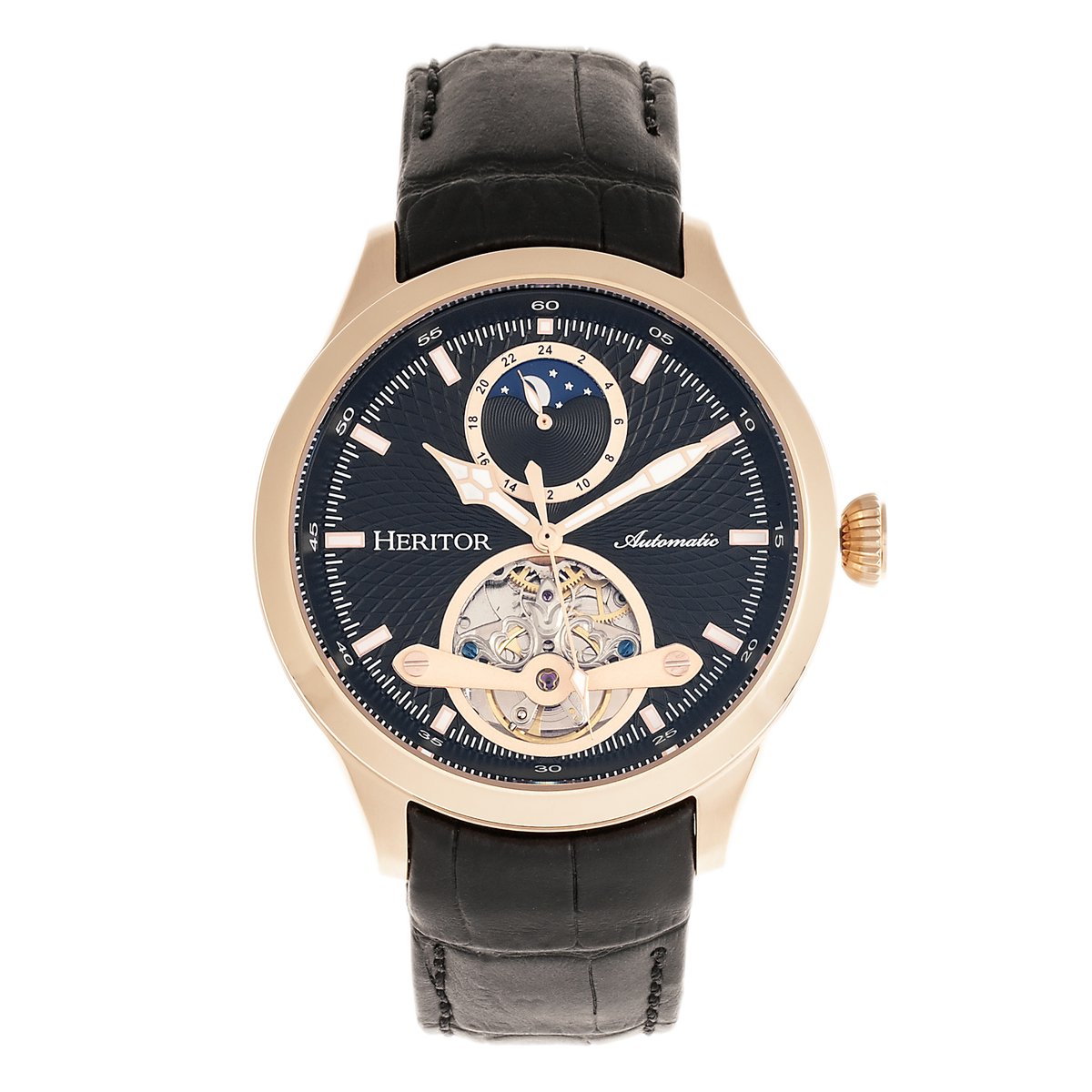 Heritor Automatic Gregory Semi-Skelet Horloge met Leren Band - Roségoud-Zwart