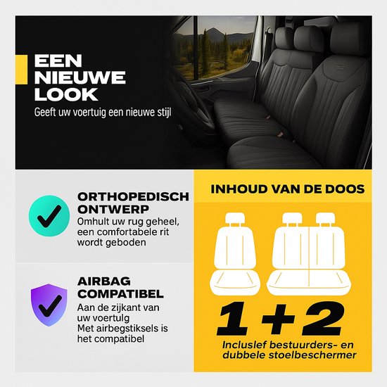 Housses de siège Toyota ProAce – 2016 à aujourd'hui – Noir Atlanta – Ajustement parfait (avec banquette passager)