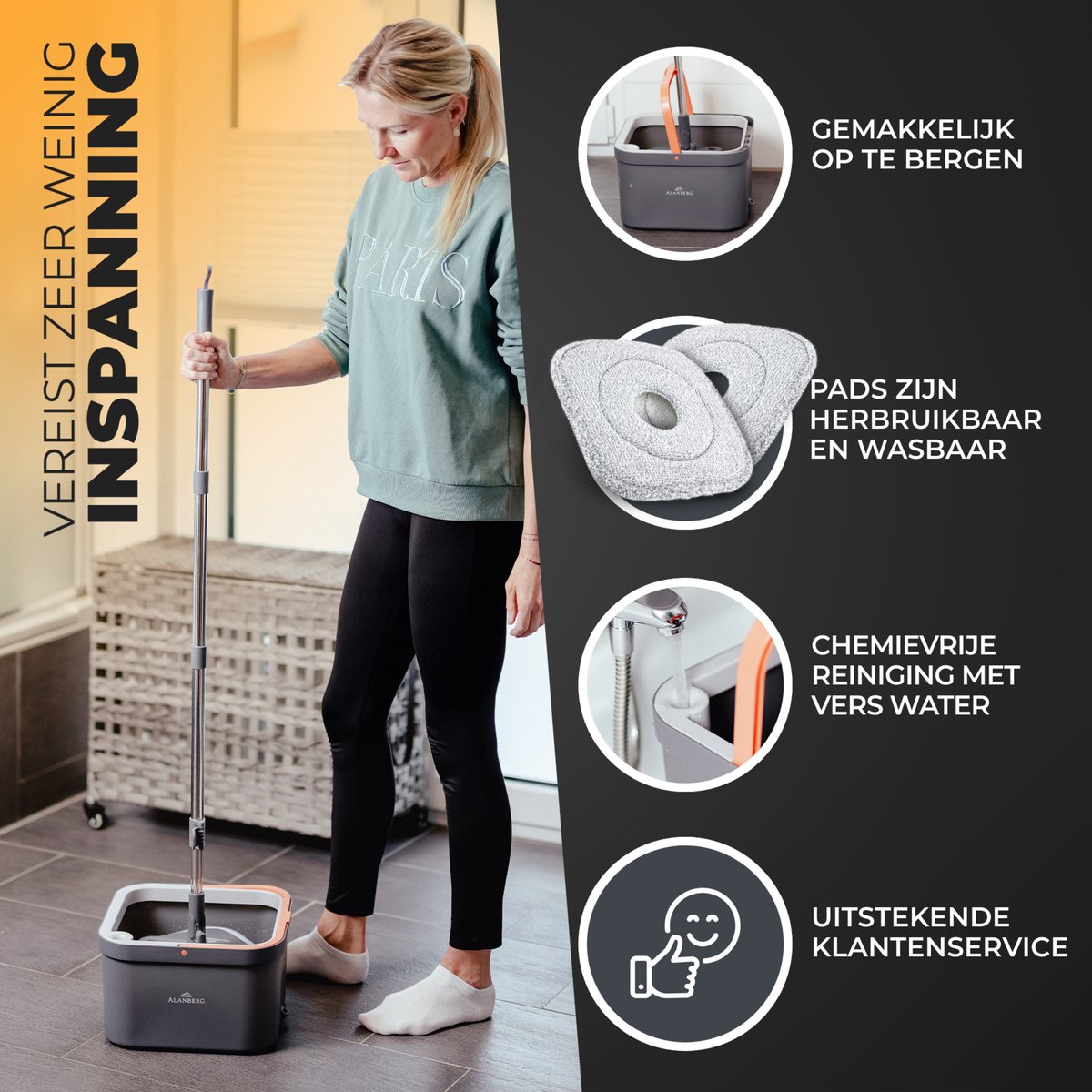 Alanberg® Spinmop Dweilsysteem met Emmer en Wringer – Complete Set incl. Emmer, Steel en 2 Microvezeldoeken – Zelfreinigende Mop voor alle vloertypen – Nat & Droog Gebruik, Grijs thumbnail 2