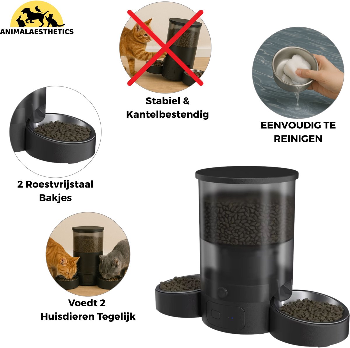 Afbeelding 3 van AnimalAesthetics Automatische Voerbak voor Kat & Hond – 3L, App-bediening, Twee Bakken van Roestvrijstaal, Stemopname, Noodbatterij - Voerautomaat Kat