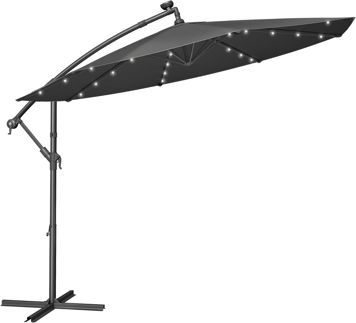 FurnStar - Parasol met LED-verlichting op zonne-energie - Zweefparasol - 300 cm - 32 LED-lampen - Met standaard - Zonwering UPF 50+ - Met zwengel - Grijs