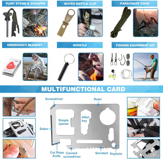 Survival-uitrusting: vuursteen, flesclip, paracord, nooddeken, fluitje en visuitrusting. Multifunctionele metalen kaart met diverse gereedschappen zoals mes, opener en liniaal.