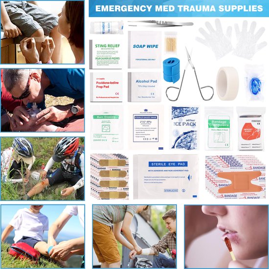 EHBO-artikelen voor noodgevallen, waaronder verband, gaasjes, alcoholpads, handschoenen, icepack, nooddeken en schaar. Verschillende afbeeldingen tonen gebruik.