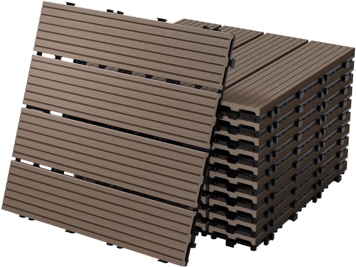 WPC terrastegels 30x30 cm set van 22 voor 2m² donkerbruin in houtlook Balkonvloer met afwatering en kliksysteem Vlonder balkontegels