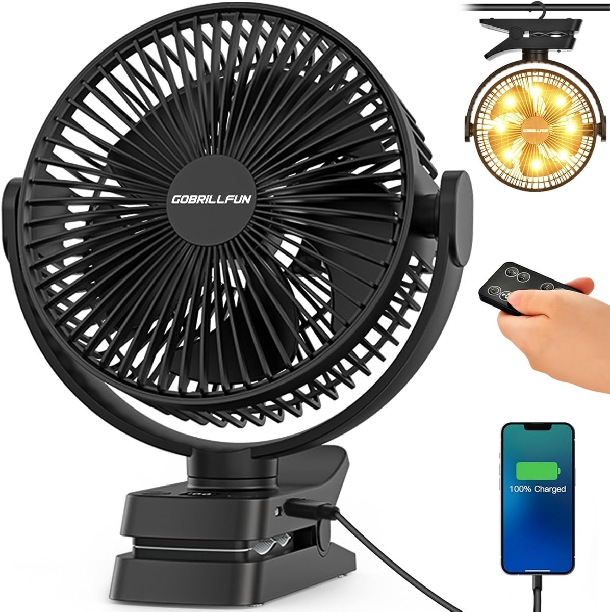 Oplaadbare 12000 mAh clip-on ventilator met afstandsbediening en LED-verlichting - 5 snelheden voor kantoor, buiten en kamperen
