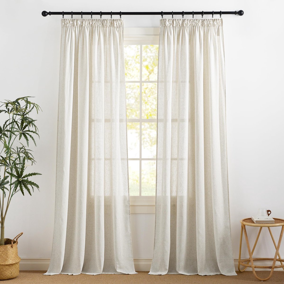 Unyqoos Bohemian Linnenlook Gordijnen met Plooiband voor Woonkamers en Slaapkamers - Set van 2, 240 x 140 cm wit