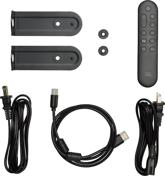 Contenu de la boîte : supports muraux, télécommande, câbles et adaptateurs secteur.