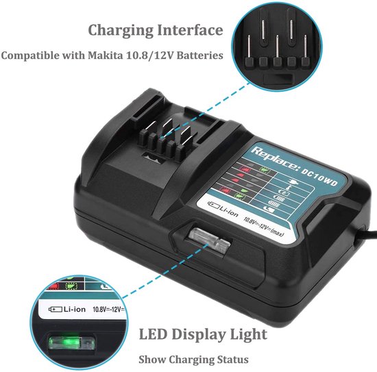 Geschikt voor DC10WD DC10SB DC10WC 12V 10,8V lader, compatibel met Makita 12V accu BL1021B BL1041B BL1015 BL1016 197396-9 BL1040B BL1040 197406-2 van Cellonic — afbeelding 3