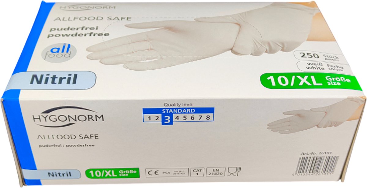 Hygonorm Nitril Handschoenen Maat XL – Wit – 250 Stuks – Poedervrij – Allfood Safe – Wegwerphandschoenen voor Voedselverwerking en Hygiëne