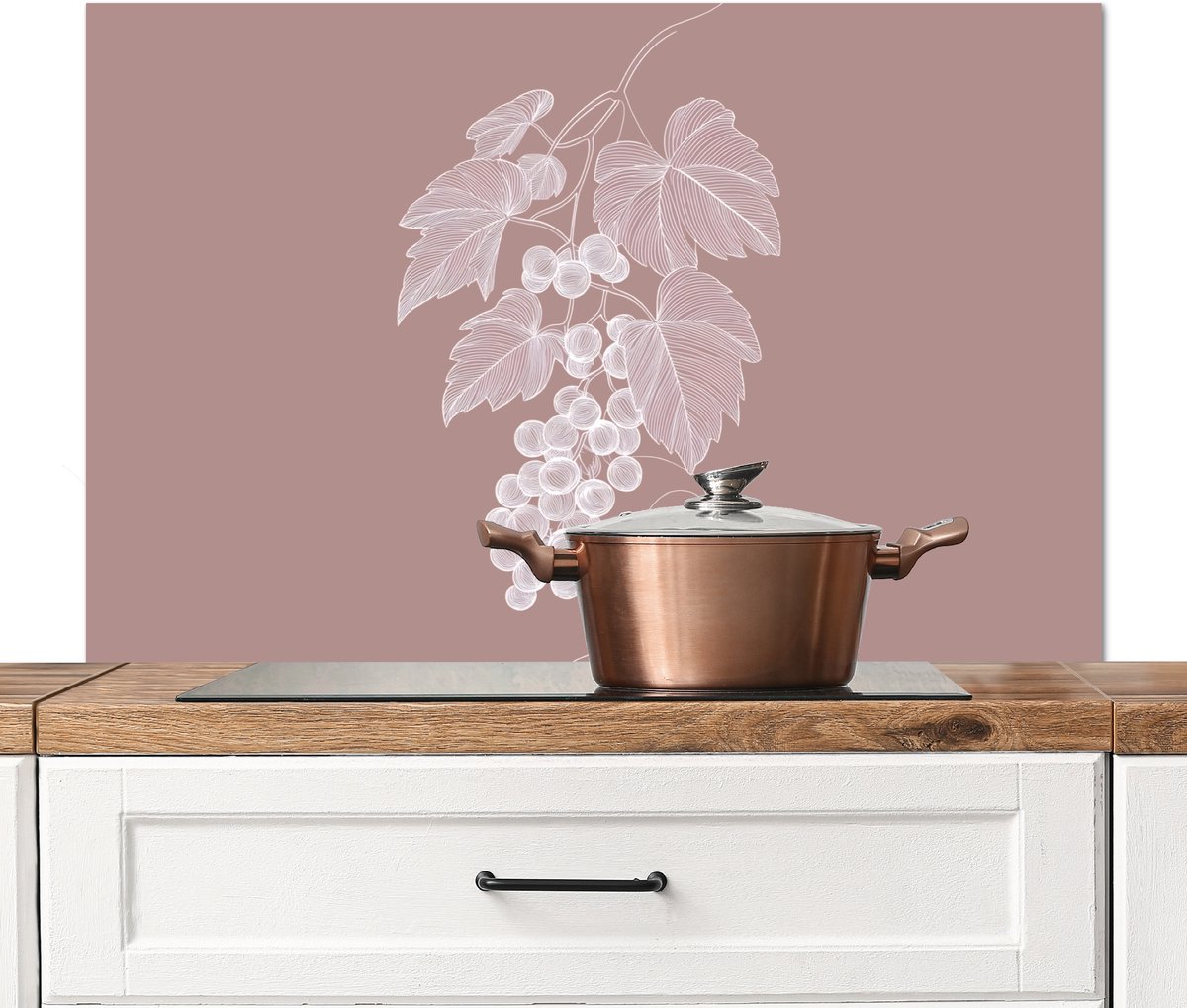 Spatscherm keuken 100x65 cm - Kookplaat achterwand Tros - Druiven - Illustratie - Bladeren - Muurbeschermer - Spatwand fornuis - Hoogwaardig aluminium