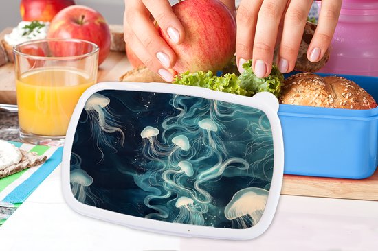 Lunch Box Blauw - Lunch Box Méduse - Mer - Wit - Vagues - Lunch Box 18x12x6 cm - Lunch Box Pain - Boîtes à pain pour Enfants et Adultes