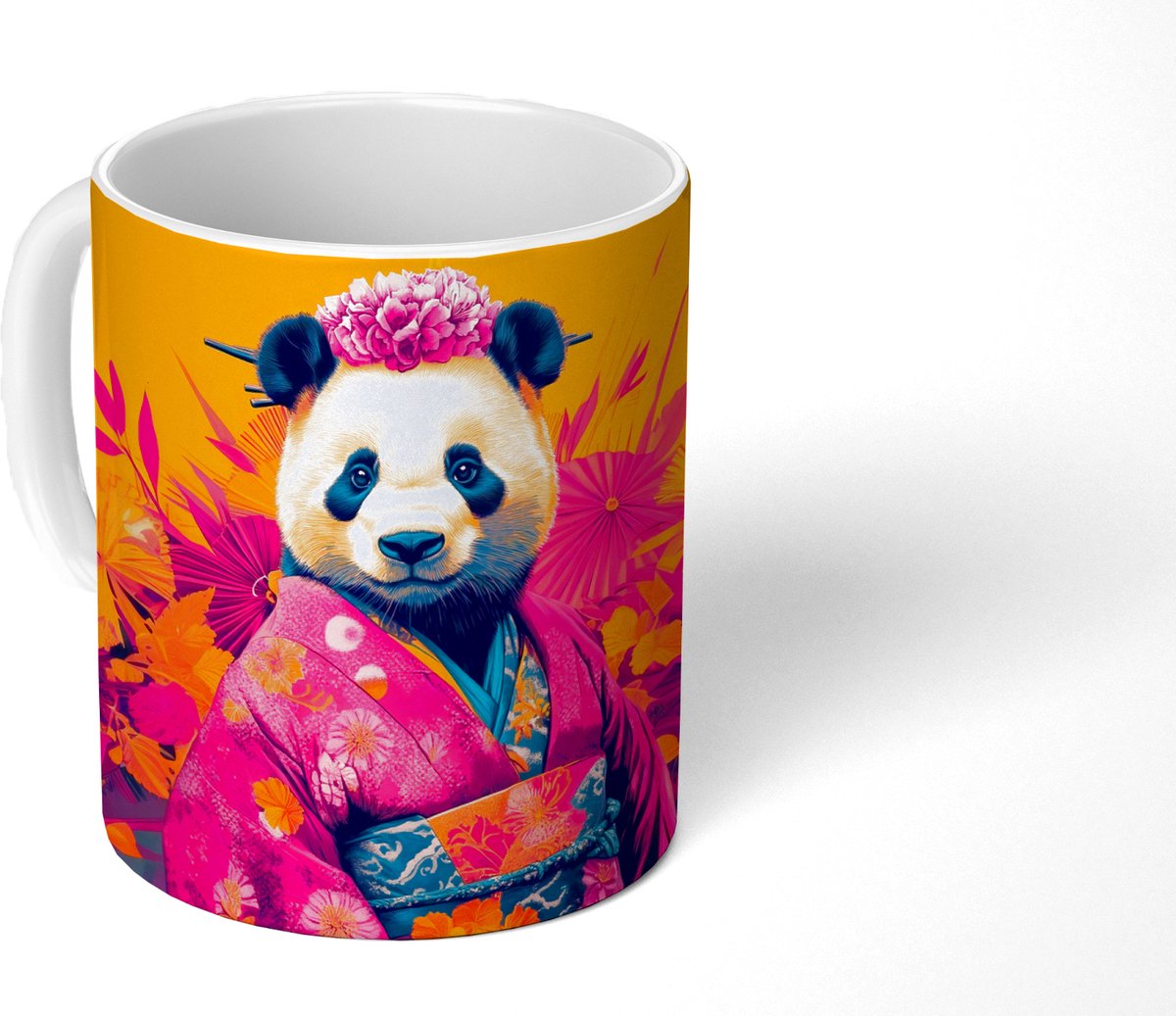 Mok - Koffiemok - Kimono - Roze - Panda - Bloemenkroon - Mokken - 350 ML - Beker - Koffiemokken - Theemok