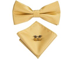 Sorprese Vlinderdas Set - Inclusief Pochet en Manchetknopen - 100% Zijde - Ruit Goud - Luxe Heren Accessoireset - Strik - Vlinderstrik
