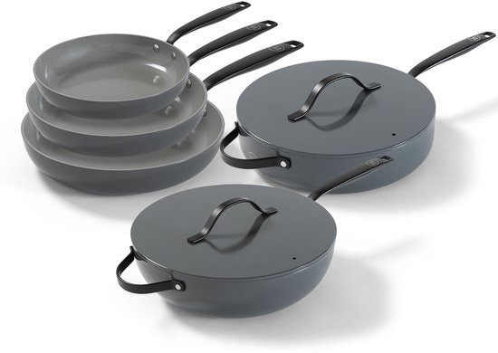 Foto: Be living 5 delige pannenset 20 24 28 cm koekenpan 30 cm wokpan 28 cm hapjespan koekenpannenset bakpan keramisch pfas vrij anti aanbak inductie grijs essential series