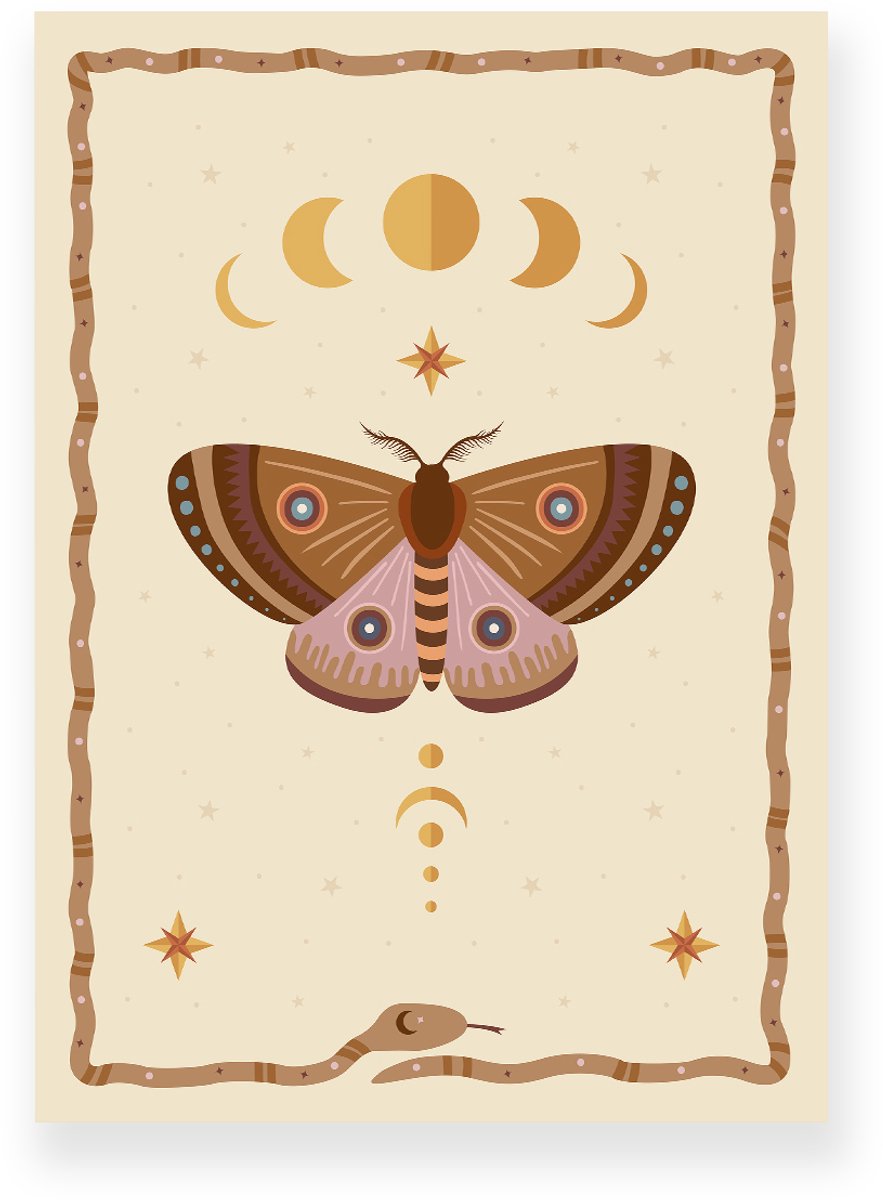Yisual Poster 20x30 cm - Nachtvlinder - Maanfases - Beige - Bruin - Bohemian - Spiritueel - Muurdecoratie - Wanddecoratie Roze