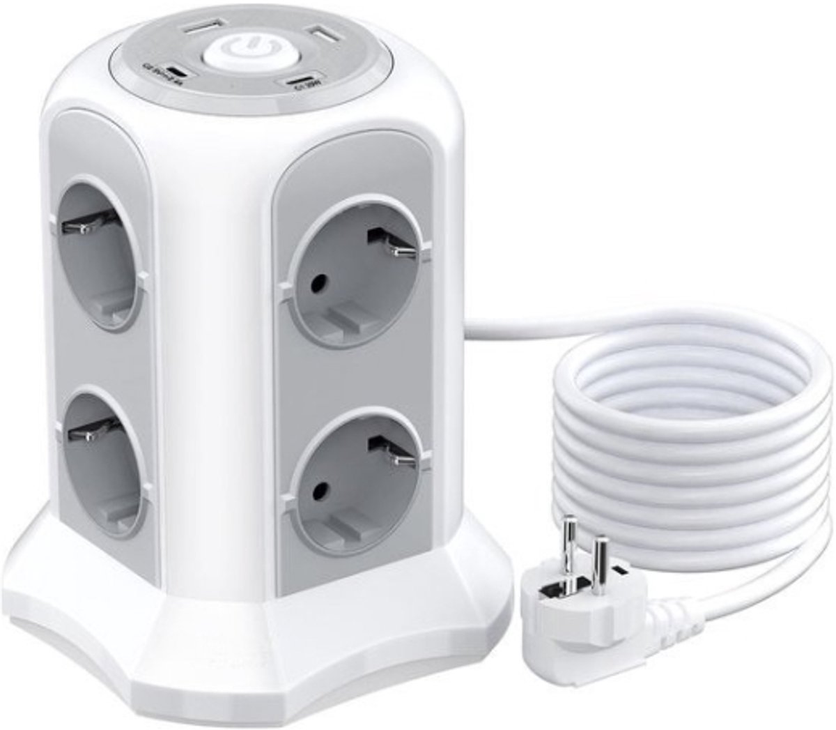 Intelectro Stekkertoren - Snel Opladen en Veiligheid Gecombineerd - Verschillende Beveiligingsfuncties - 8 Stopcontacten, 2 USB en 2 USB C Poorten - Anti Slip Bodem - 4000W - Wit - Levering Sneller dan Aangegeven!