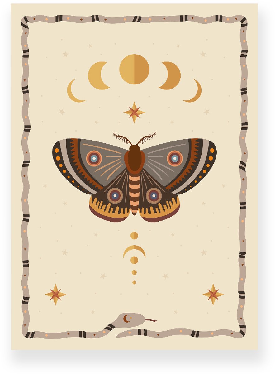 Yisual Poster 50x70 cm - Nachtvlinder - Maanfases - Beige - Grijs - Bohemian - Spiritueel - Muurdecoratie - Wanddecoratie