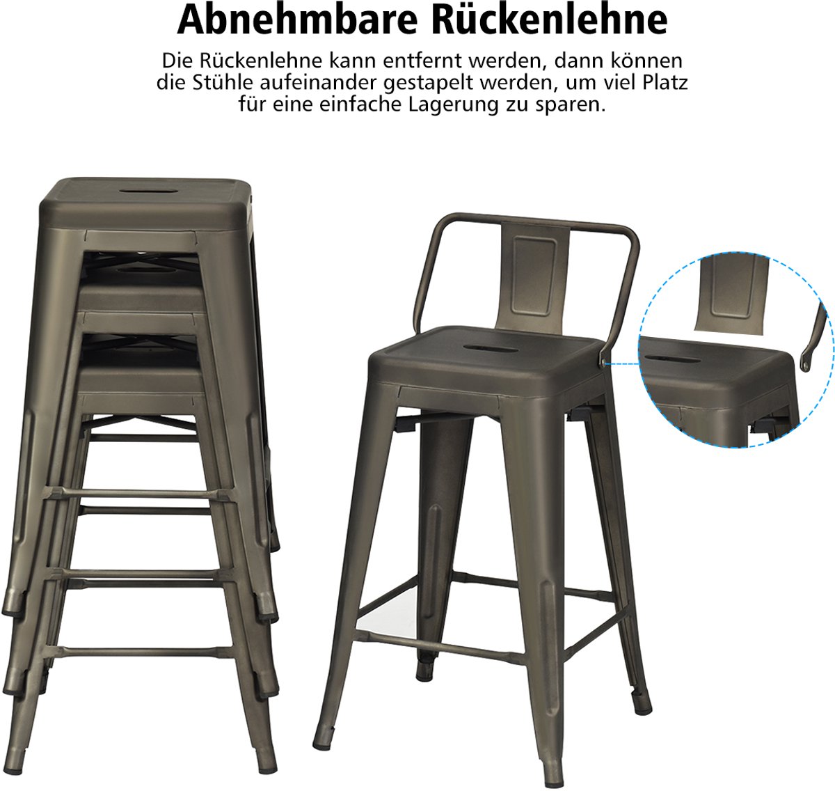 COSTWAY Set van 4 stapelbare barkruk van metaal, industrieel, met voetensteun, hoogte 76 cm, geen montage, belasting 150 kg, voor eetkamer, keuken, bistro (zwart
