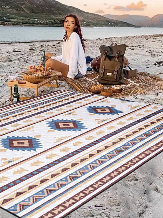 ZYLARO picknickdeken, 200x200cm, dubbelzijdig waterdicht, machinewasbaar, draagbare stranddeken zandvrij, voor camping, park, tuin, strand, picknick, wandelen, barbecue, boho-patroon