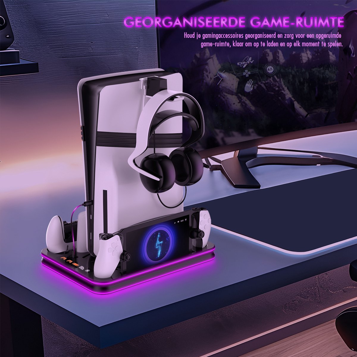 PlayCool all-in-one Multifunctionele RGB Oplaadstation- en Displaystandaard Geschikt voor PlayStation 5/ PS5 Slim/ PS5 Pro (Disc & Digital) & PlayStation Portal (incl. Screen Protector) - DualSense (Edge) controller – foto 4