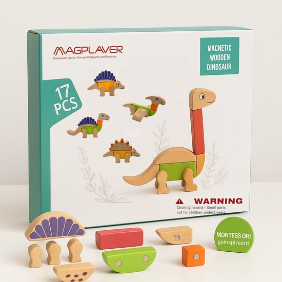 Houten Dinosaurus Speelgoed | Magnetisch Montessori Bouwset | Educatief Constructiespeelgoed voor Kinderen | 17-delig | Magplayer