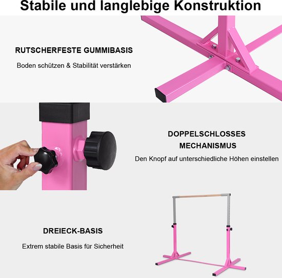 Gymnastiek, horizontale bar, gymnastiekstangen voor kinderen, binnen, verstelbare turnrek, rekstang, optrekstang, apparaat tot 100 kg, roze