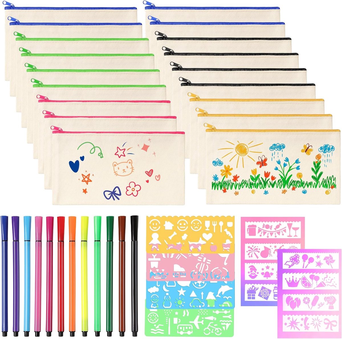 DIY Stoffen Etui Set voor Creatieve Projecten - 18-delige Knutselset met Kleurpotloden en Sjablonen
