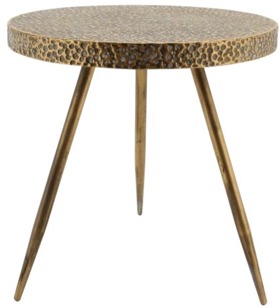 Ronde gouden bijzettafel met een hamerslag textuur en drie slanke metalen poten.