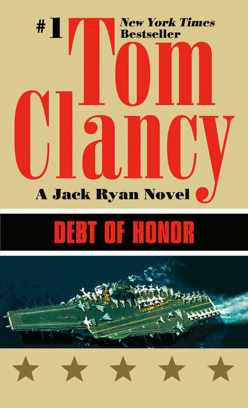 Boek 'Debt of Honor' van Tom Clancy, met een afbeelding van een vliegdekschip. #1 New York Times Bestseller.