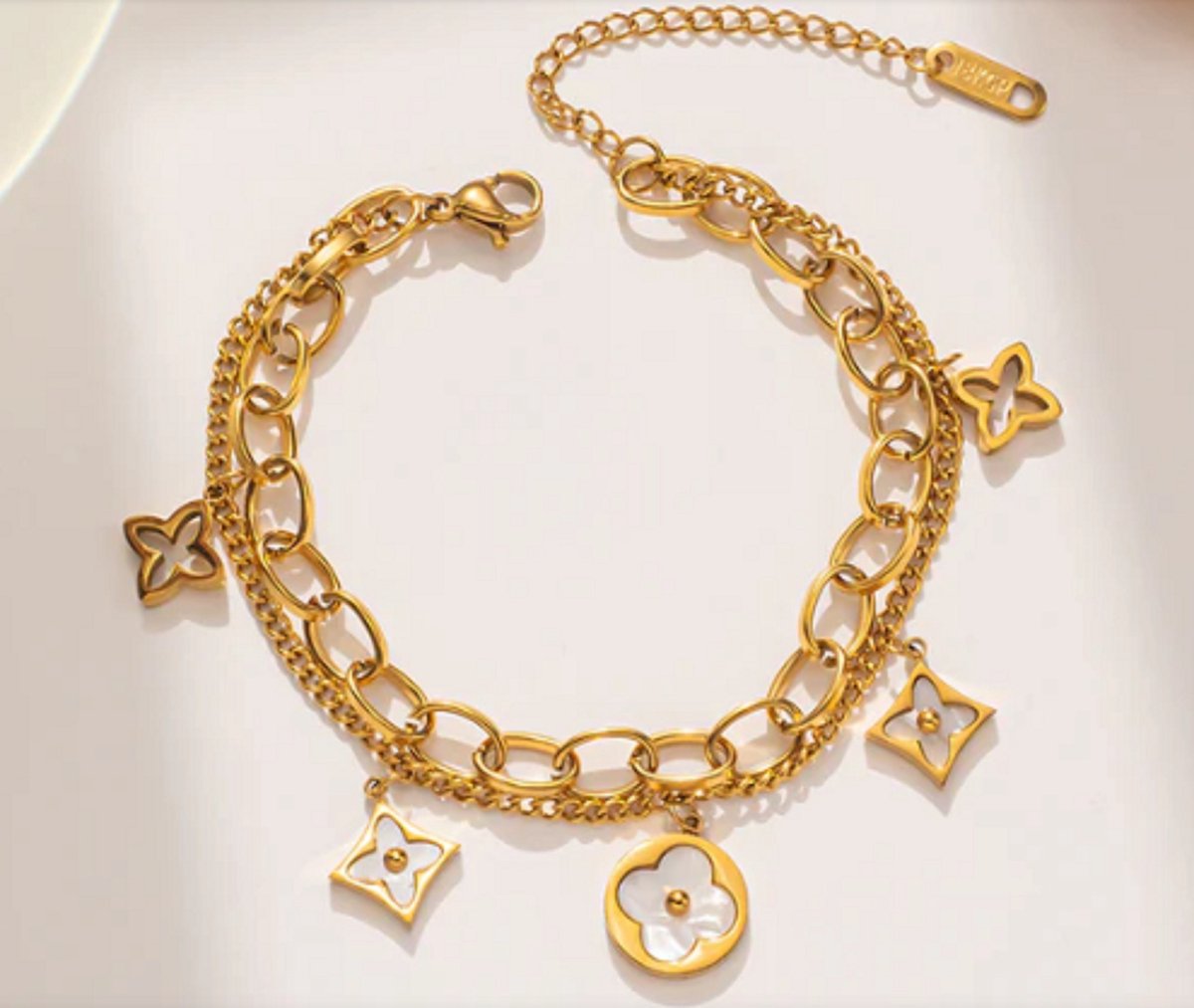 Dubbel armband klaver - bracelet clover - inspired - stainless steel kleur goud - cadeau mam dochter