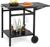 Bol.com COSTWAY Grillwagen met inklapbaar tafelblad beweegbare campingtafel met 2 planken en 4 haken metalen grilltafel voor bui... aanbieding