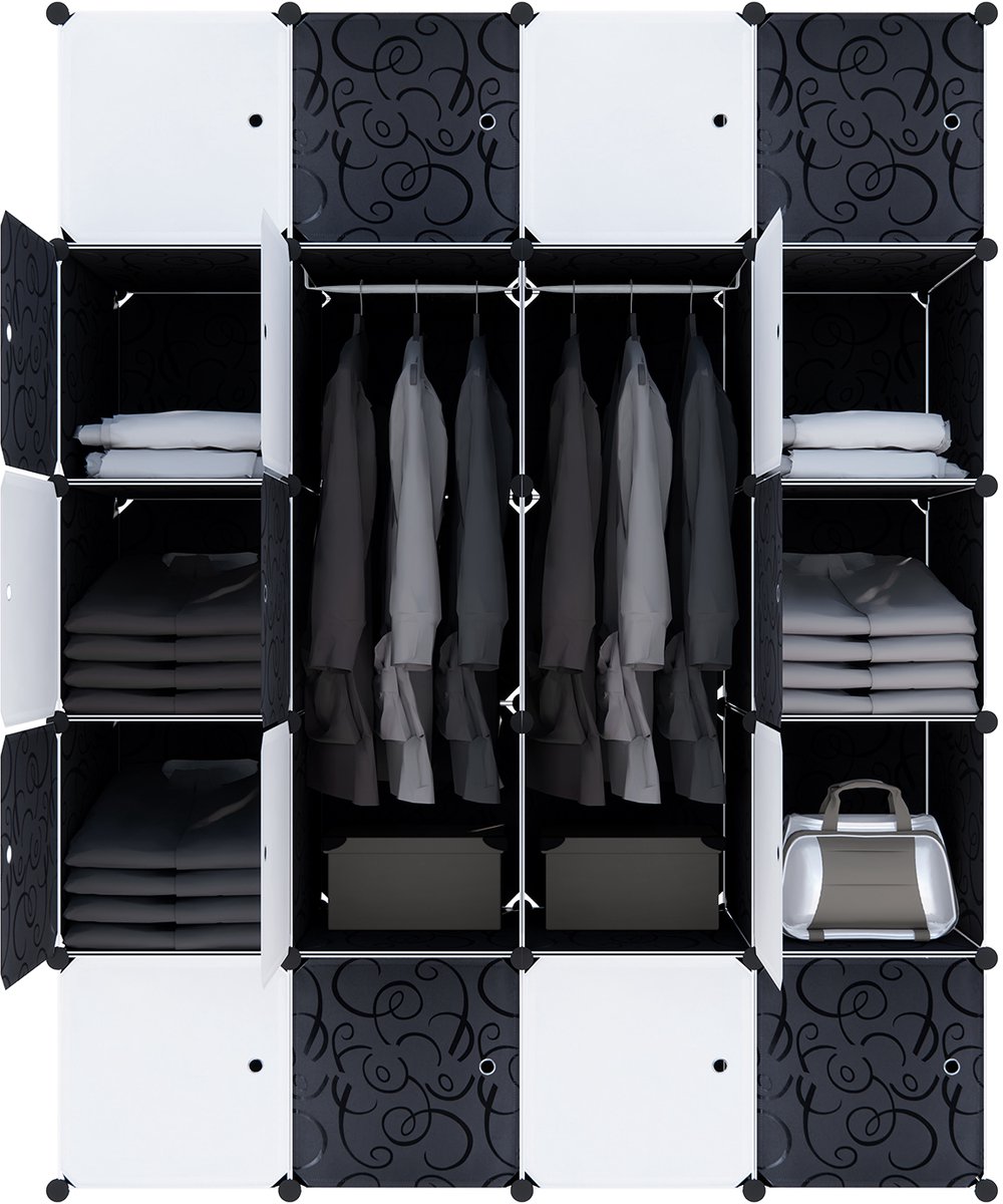 Aufun Garderobekastsysteem Met Deuren PP-Kunststof Opbergruimte Voor Kleding En Boeken Diy-Montage-Stellingkast (20 Dozen Met Deur, Met 2 Kledingstangen, Zwart)