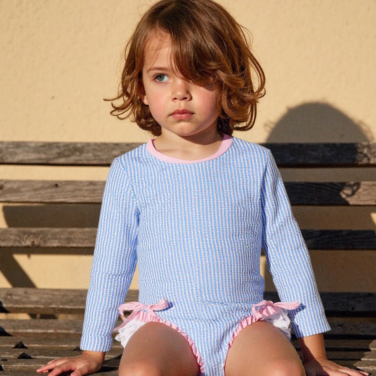 Joya Kids® Badpak Lange Mouw Licht Blauw met Streepjes en Roze Ruches Meisjes | Zwempak met ruches UV Badpak | Zwempak Lange Mouw UV Bescherming Streep | Meisje Bikini Zomer | Kinderbadpak Peuter | — afbeelding 4
