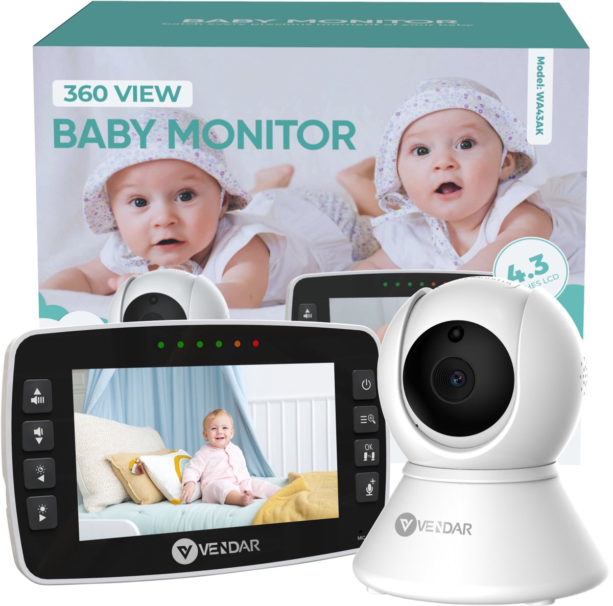 Vendar® Babyfoon PRO - Babyfoon met camera - Nachtzicht & Zoom - Op afstand bestuurbaar - Video & Audio - ECO Mode - Baby monitor 4.3 Inch