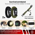 Twee survival armbanden, zwart en groen, met kompas en koord.