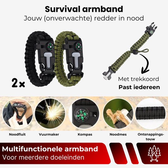 Twee survival armbanden, zwart en groen, met kompas en koord.