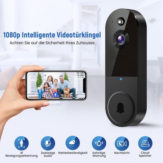 Zwarte slimme deurbel met smartphone die live beeld toont van een gezin met hond. "1080p Intelligente Videotürklingel"